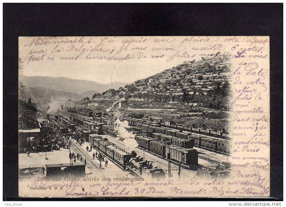 34 BEDARIEUX Gare, Arrivée Des Vendangeurs, Train Vapeur, Ed EDB, 1903 - Bedarieux