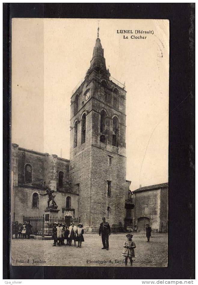 34 LUNEL Eglise, Clocher, Place, Animée, Ed Jaudon, 1914 - Lunel