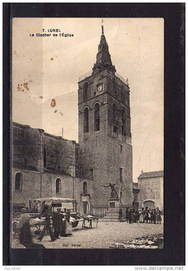 34 LUNEL Eglise, Clocher, Place, Marché, Animée, Ed Burnel 7, 192? - Lunel