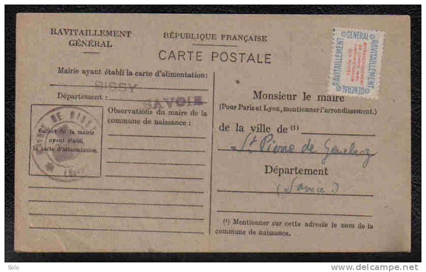 Vignette De Ravitaillement Sur Carte - Cachet "Mairie De BISSY" (Savoie) - Lettres & Documents