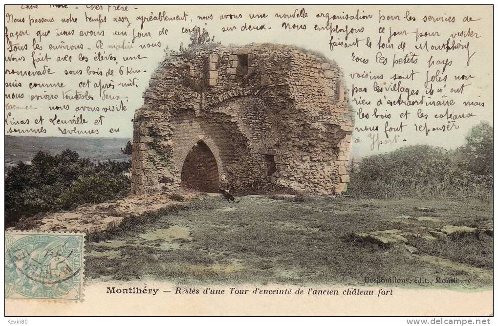 91 MONTLHERY Ruines D'une Tour D'enceinte De L'ancien Château Fort Cpa Couleur Animée - Montlhery