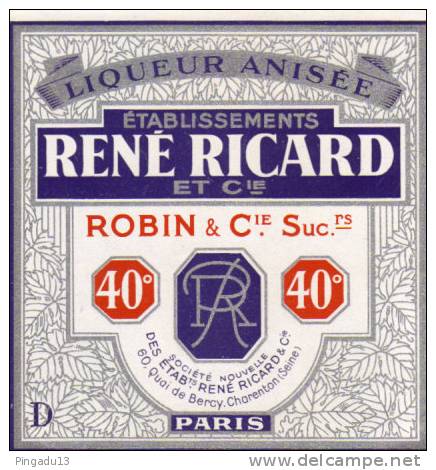 Vin Alcool Etiquette Liqueur Anisée Ricard René Charenton Paris Seine Pastis? - Publicités