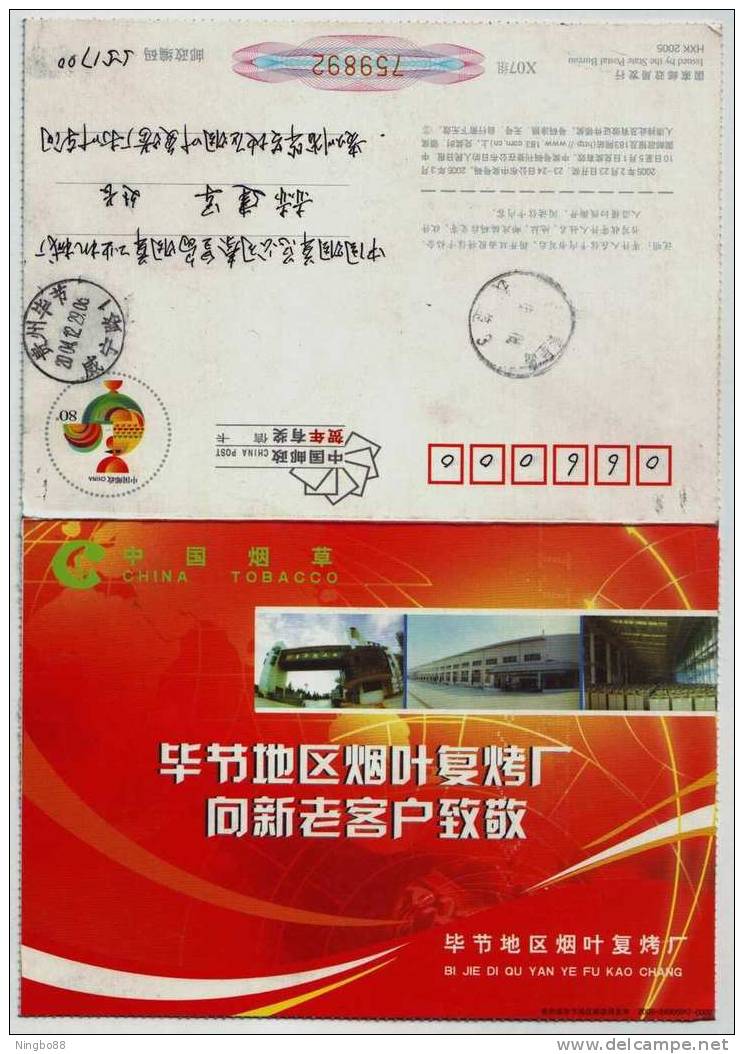 Tobacco Warehouse,workshop,China 2005 Bijie Tobacco Redrying Factory Advertising Pre-stamped Letter Card - Tabak