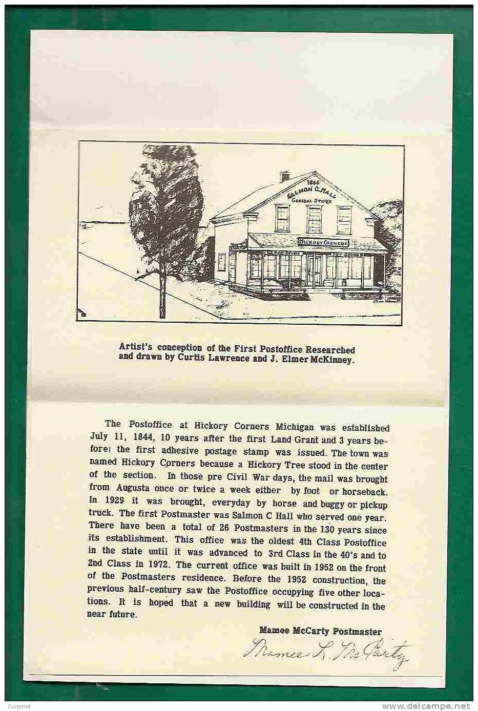 HICKORY CORNERS - SERVING THE WORLD 130 YEARS - OLDEST 4th CLASS POST OFFICE - CACHETED COVER W/EXPLANATION CARD - Indépendance USA