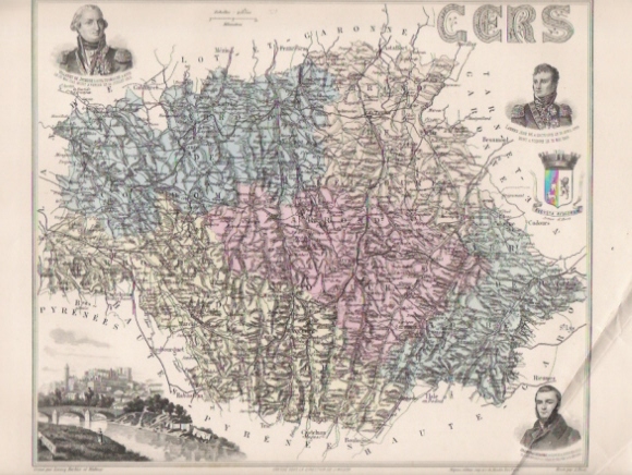 AUCH + GERS = VILLARET DE JOYEUSE + LANNES + GRANIER DE CASSAGNAC + ARMES D´ AUCH  / CARTE GEOGRAPHIQUE DU XIXème Siècle - Otros & Sin Clasificación