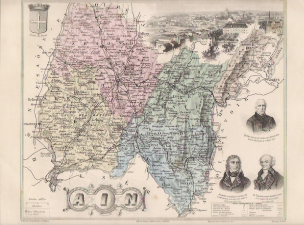 BOURG + AIN = EDGAR QUINET + JOUBERT + DE LALANDE + ARMES DE BOURG  /  CARTE  GEOGRAPHIQUE  DU  XIXème Siècle - Autres & Non Classés