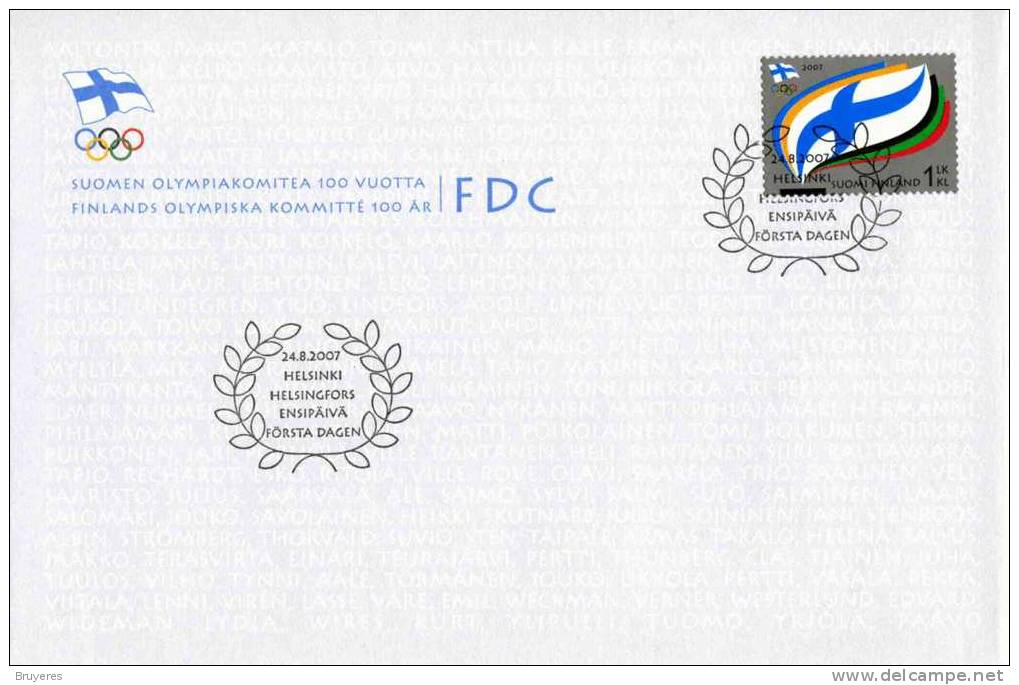 Enveloppe Premier Jour Avec Timbre "100e An. Du Comité Olympique Finlandais" Et Oblit. 24/08/2007 - Covers
