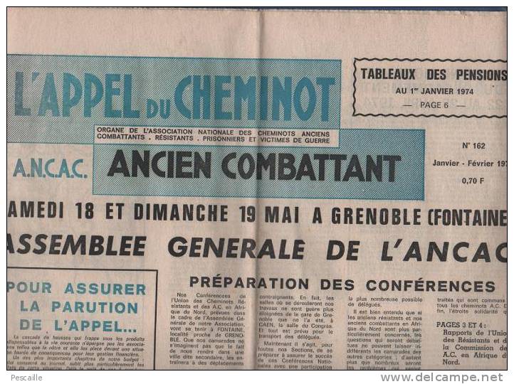 L'APPEL DU CHEMINOT ANCIEN COMBATTANT 1974 - GRENOBLE FONTAINE - AFN - RESISTANCE - LA SEYNE - SALSES - SOMAIN - CAEN .. - Trains