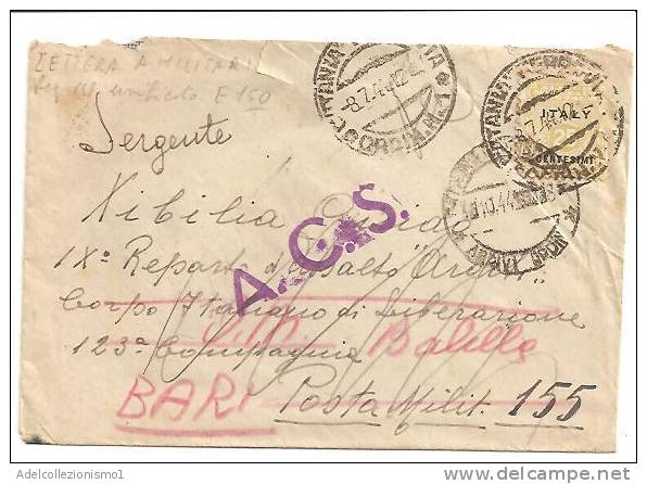 1082)lettera A Militare Con 25c. Occ. Anglo Americana Da Catania A Bari Il 8-7-1944 - Anglo-american Occ.: Sicily
