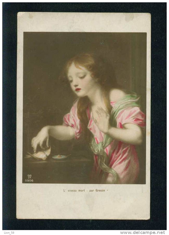 D1860 / Art GREUZE - THE DEAD BIRD W LITTLE GIRL Pc Publisher: G.G.Co Series - # 5906 /1915s - Funerales