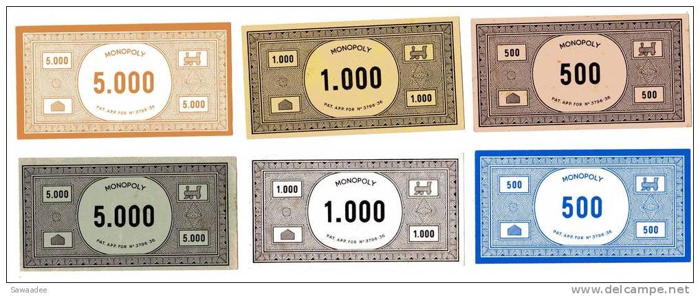 BILLET DE JEU -  MONOPOLY - LOT DE 6 - DIFFERENTES COULEURS - Specimen