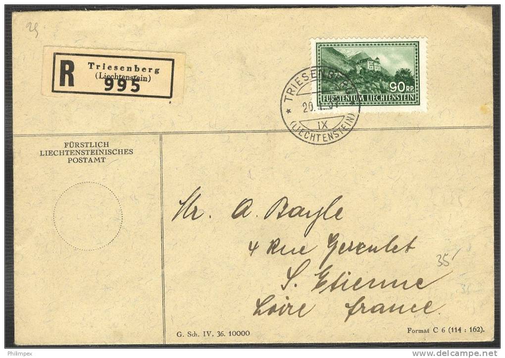 LIECHTENSTEIN, 90 CENTIMES R-COVER TO FRANCE 1937 - Brieven En Documenten