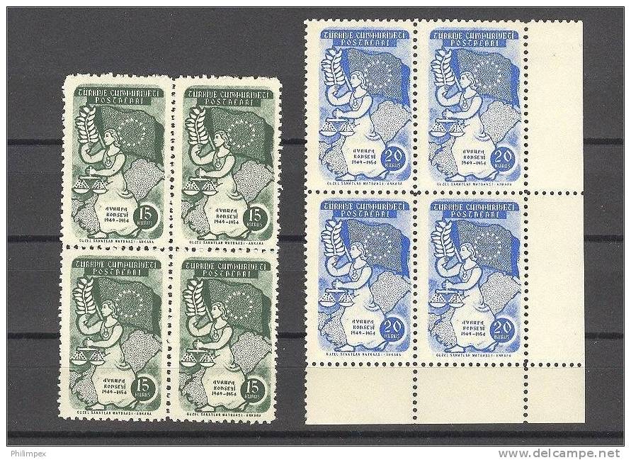 TURKEY, EUROPA COUNCIL SET 1954 IN BLOCKS OF 4 NEVER HINGED ** - Nuovi