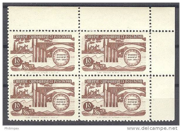 TURKEY, EUROPA COUNCIL SET 1954 IN BLOCKS OF 4 NEVER HINGED ** - Neufs