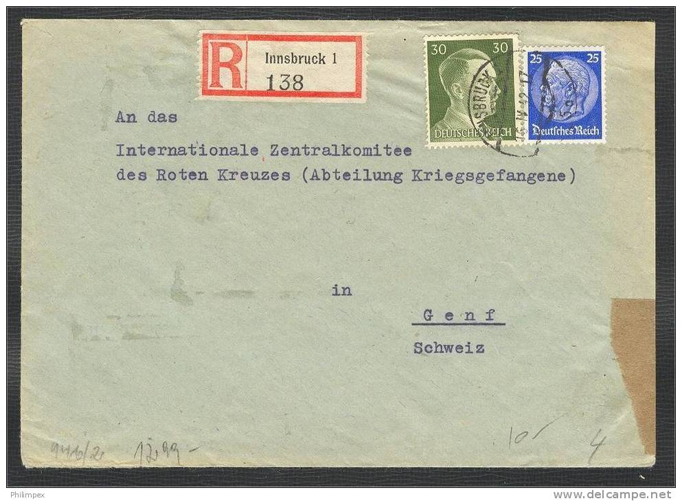 AUSTRIA, HITLER PERIOD, R-COVER TO GENEVA (RED CROSS) 1942 - Covers & Documents