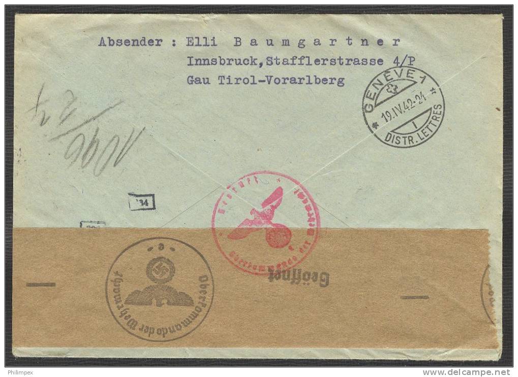 AUSTRIA, HITLER PERIOD, R-COVER TO GENEVA (RED CROSS) 1942 - Covers & Documents
