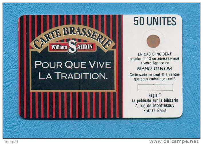 ( 1090 ) - WILLIAM  SAURIN - 1 - Carte  Brasserie - ( D 72 ) - *** TTBE *** - Voir Scan Réel - - Telefoonkaarten Voor Particulieren