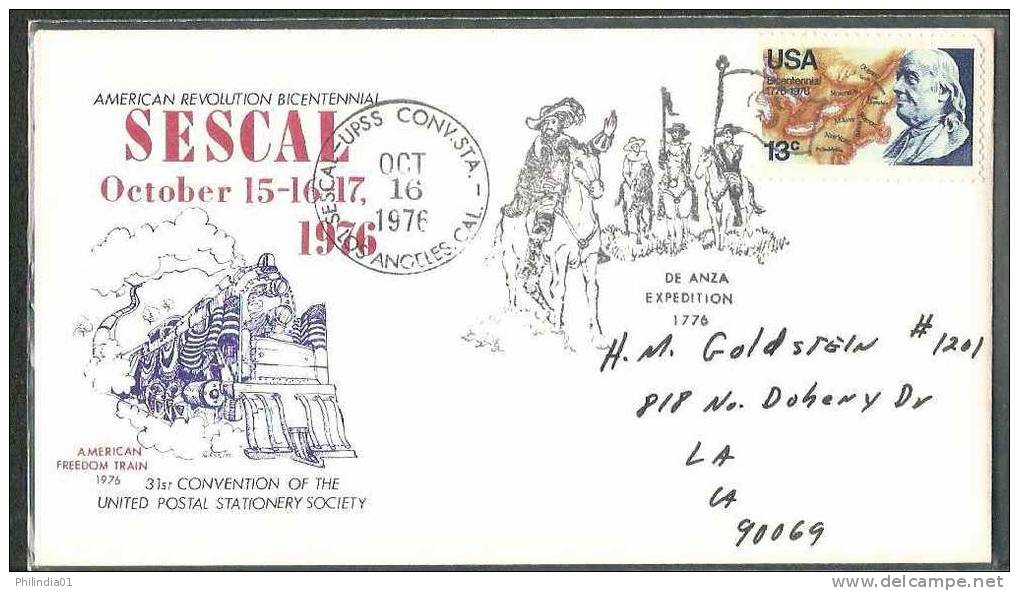 United States 1976 Train Locomotive American Bicentennial Horse Rider Cover  # 5702 - Independecia USA