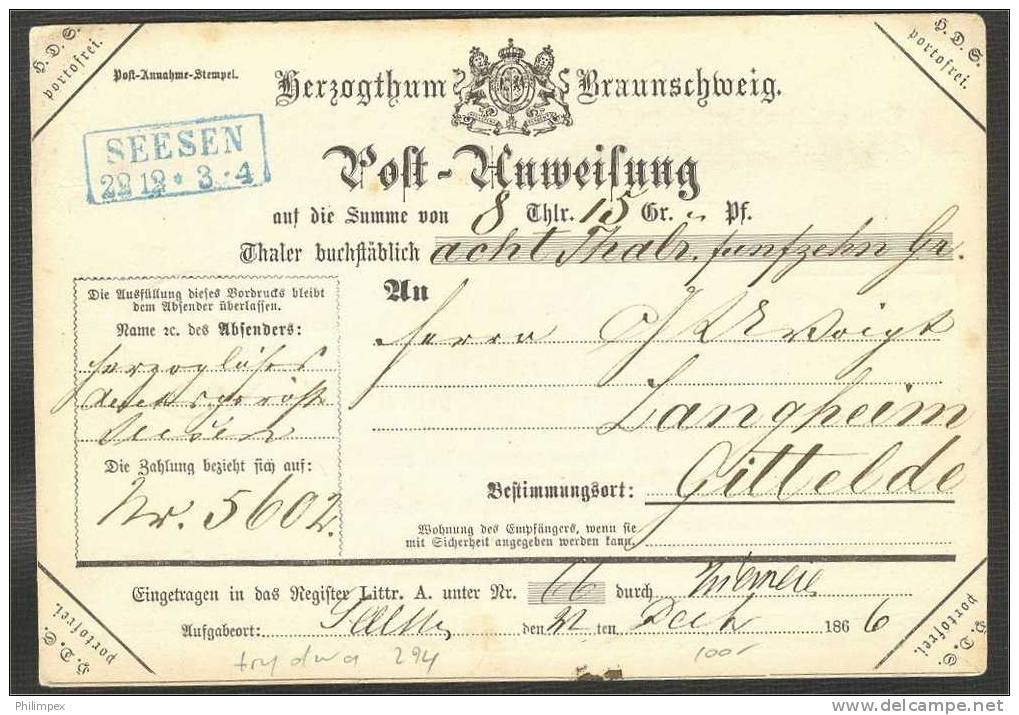 BRAUNSCHWEIG Post-Anweisung (MONEY ORDER) 1866, SUPERB! - Brunswick