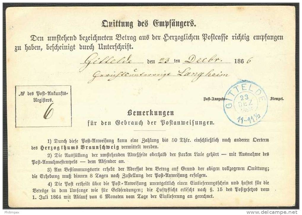 BRAUNSCHWEIG Post-Anweisung (MONEY ORDER) 1866, SUPERB! - Braunschweig