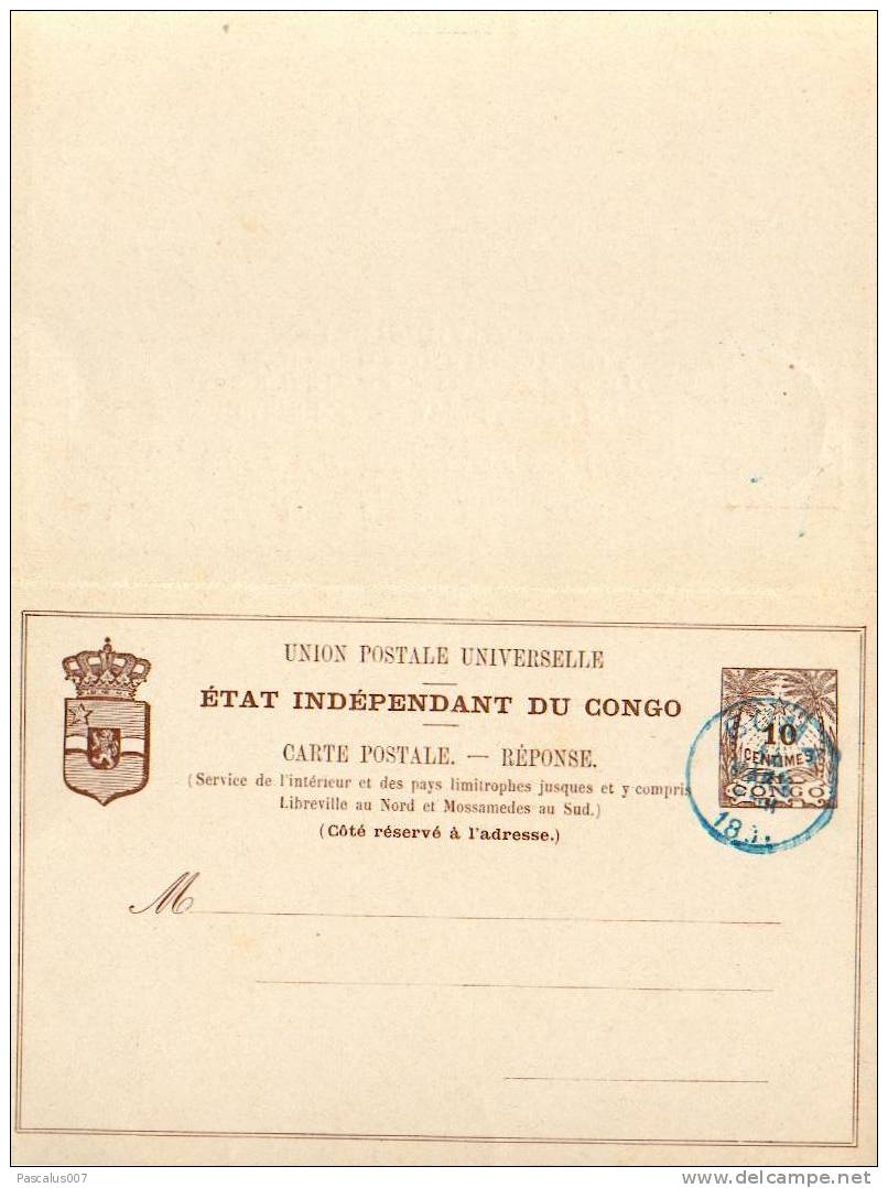 A0009 - Carte Postale Avec Réponse Prépayée 5 Centimes Brun - état Indépendant Du Congo 10 Centimes Brun - Cachet De Bom - Entiers Postaux