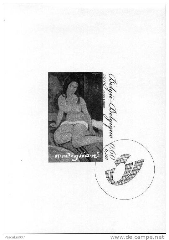 47 3599  ZN 3599 BL 138  Belgique  Feuillet NB  Peinture Peintre Nu Assis Amadeo Modigliani  6-1-2007 - B&W Sheetlets, Courtesu Of The Post  [ZN & GC]