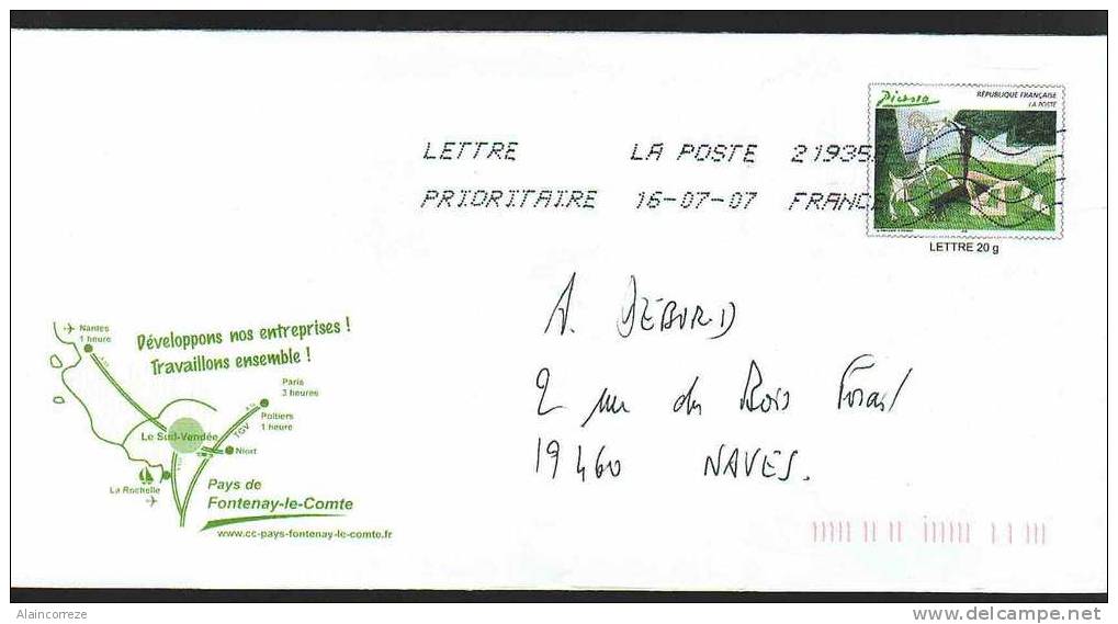 Entier Postal PAP Repiqué Vendée Développons Nos Entreprises Travaillons Ensemble Fontenay Le Comte Timbre Picaso - PAP: Private Aufdrucke