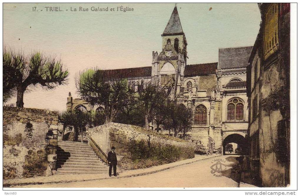 78 TRIEL SUR MER La Rue Galand Et L'eglise Cpa Animée Colorisée - Triel Sur Seine