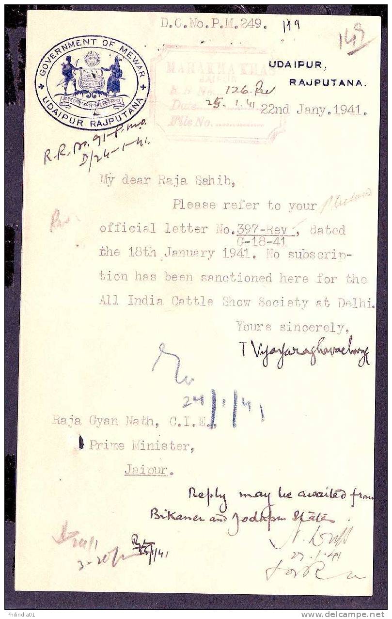 India Princely State - Mewar Udaipur, Rajputana Crested Letter Head, Coat Of Arms # 9243 - Altri & Non Classificati