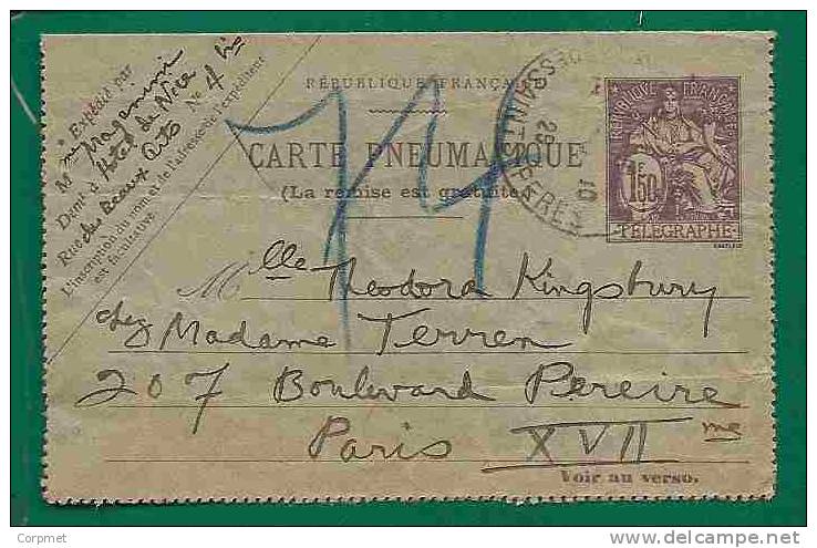 FRANCE - CARTE PNEUMATIQUE - Type CHAPLAIN - Used In PARIS - Yvert # 2603 - Complete - Pneumatische Post