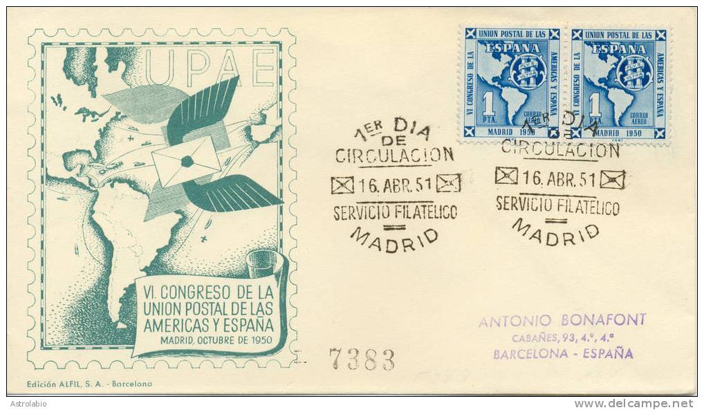 Espagne FDC 1951 " 6º Congrès De L´U.P.A.E." Carte. Recommande Yvert Aé248(2) - U.P.U.