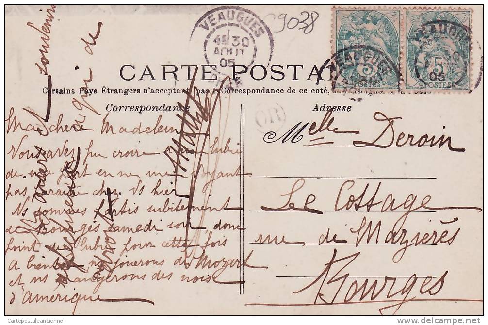 Tampon Postal VEAUGUES 30.08.1905 T.NET 18 SANCERRE 1905 TOUR FIEFS Ed: FA N°6/ VOYAGEE /C9038 - Sancerre