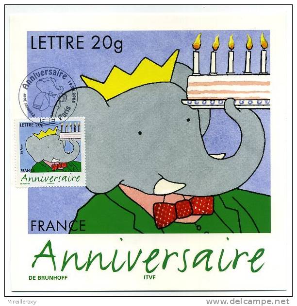 CARTE MAXIMUM 1ER JOUR BANDE DESSINEE BABAR ANNIVERSAIRE ELEPHANT - Eléphants