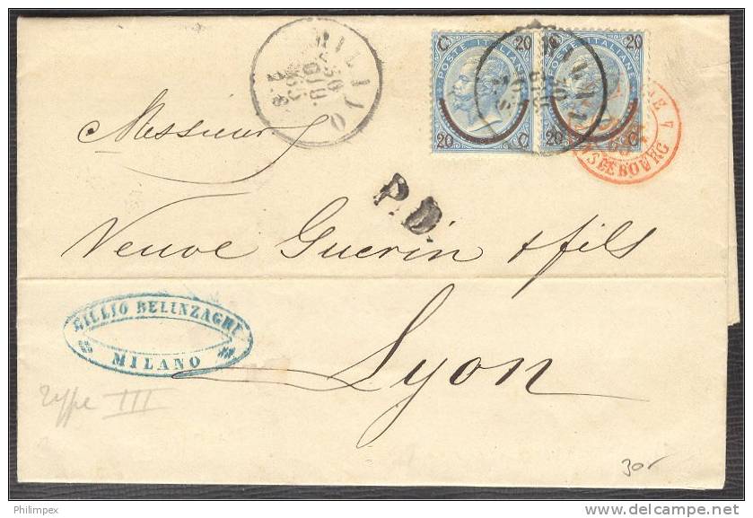 ITALY 2x 20 On 15 CENTISIMI FROM MILANO TO LYON 1865 - Oblitérés