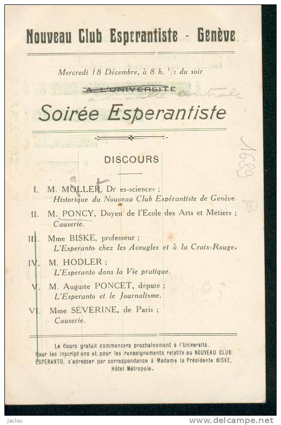 NOUVEAU CLUB ESPERANTO DE GENEVE INVITATION POUR 3 PERSONNES  REF 1689 - Esperanto