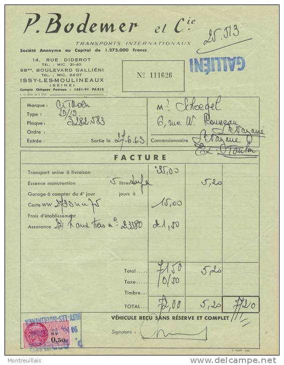 Facture De 1963, Transports Internationaux D'ISSY-LES-MOULINEAUX - Sports & Tourism