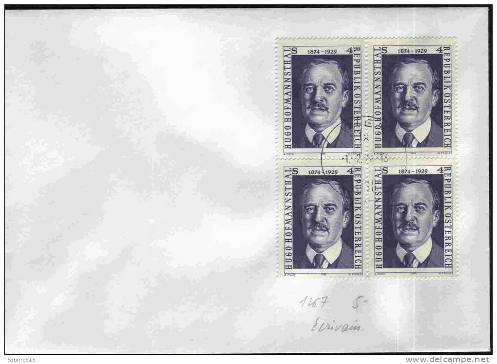 Fdc Autriche 1974 Théâtre Ecrivains Hugo Hofmannsthal 1874 1929 Bloc 4 - Theater