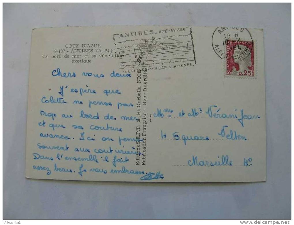 CARTE POSTALE DE FRANCE ALPES MARITIMES  06 COTE D AZUR  ANTIBES BORD DE MER VEGETATION EXOTIQUE 1964 - Antibes - Vieille Ville