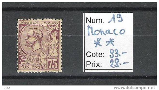 Monaco Num 19 Neuf - Other & Unclassified