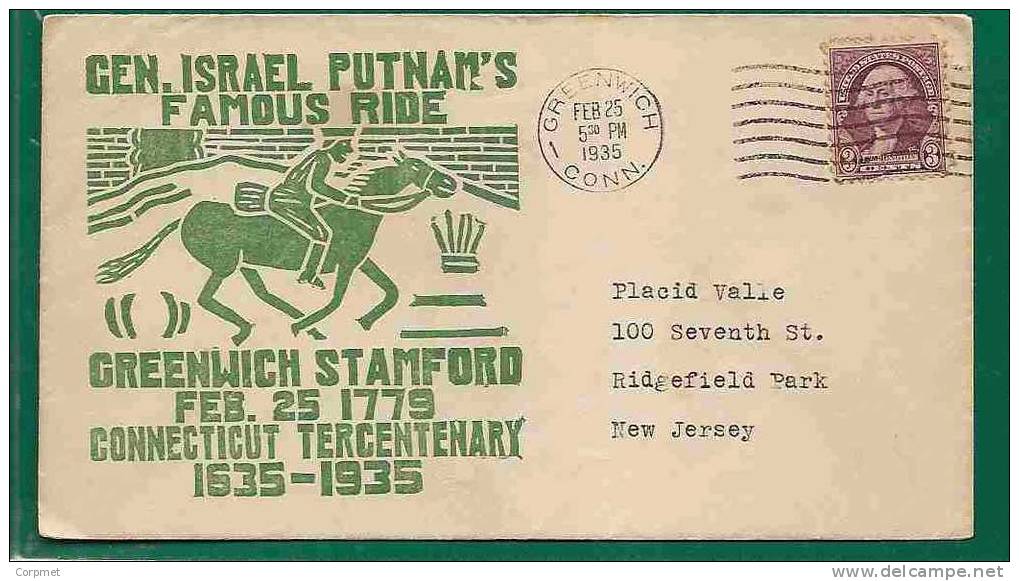 FAUNA - HORSES - 1935 CACHETED COVER GEN. ISRAEL PUTNAM´S FAMOUS RIDE - GREENWICH STAMFORD Sent From GREENWICH To N.J. - Chevaux