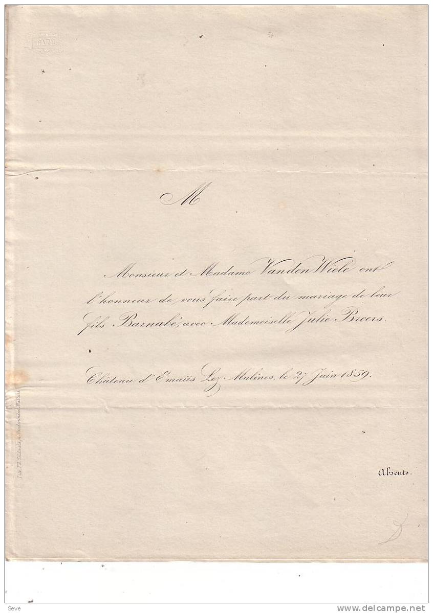 MALINES MECHELEN EMAUS Mariage 1859 VANDEN WIELE BROERS Burgemeester MECHELEN - Other & Unclassified