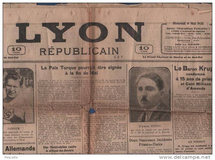 LYON REPUBLICAIN 9 MAI 1923 - KRUPP - HAUTE COUR - TURQUIE ... - Informations Générales
