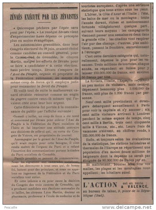 L´ACTION REPUBLICAINE ET SOCIALE 7 AOUT 1904 - DIE - CREST - ZEVAES - CHEMINS DE FER PLM - PUBLICITES ... - Informations Générales