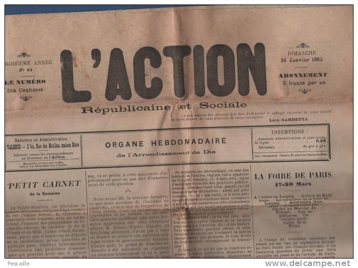 L´ACTION REPUBLICAINE ET SOCIALE 24 JANVIER 1904 - DIE - CREST - SAILLANS - FOIRE DE PARIS - PUBLICITES ... - Informations Générales