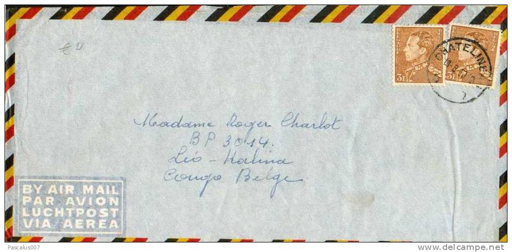 A00012 - Enveloppe Par Avion Avec Lettre Du 11-08-53 - Courrier De Chatelineau Vers Leopoldville - Kalina - 2 X Cob - 1936-1951 Poortman