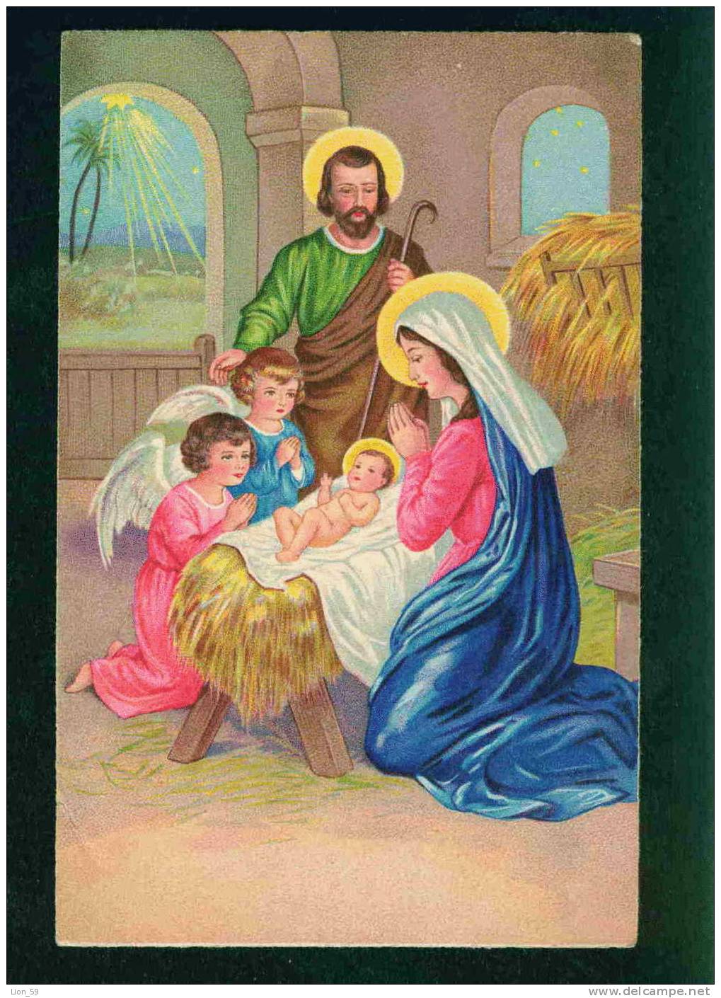 D660 / Greeting HOLLY NARIA BOY Birth Of Jesus Christ W ANGELS Postcard Publisher:AMAG Series - # 2717 / 1940s - Angeles