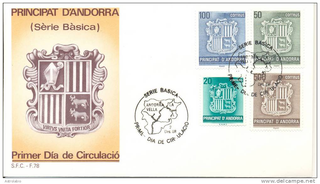 Armoiries Des Vallées FDC 1988 Andorre Espagnol Yvert 194/7 - Covers