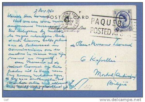 268 Op Kaart "Holland-America Line" Met Stempel SOUTHAMPTON / PAQUEBOT Op 2/11/1960 Naar Belgique - Postmark Collection