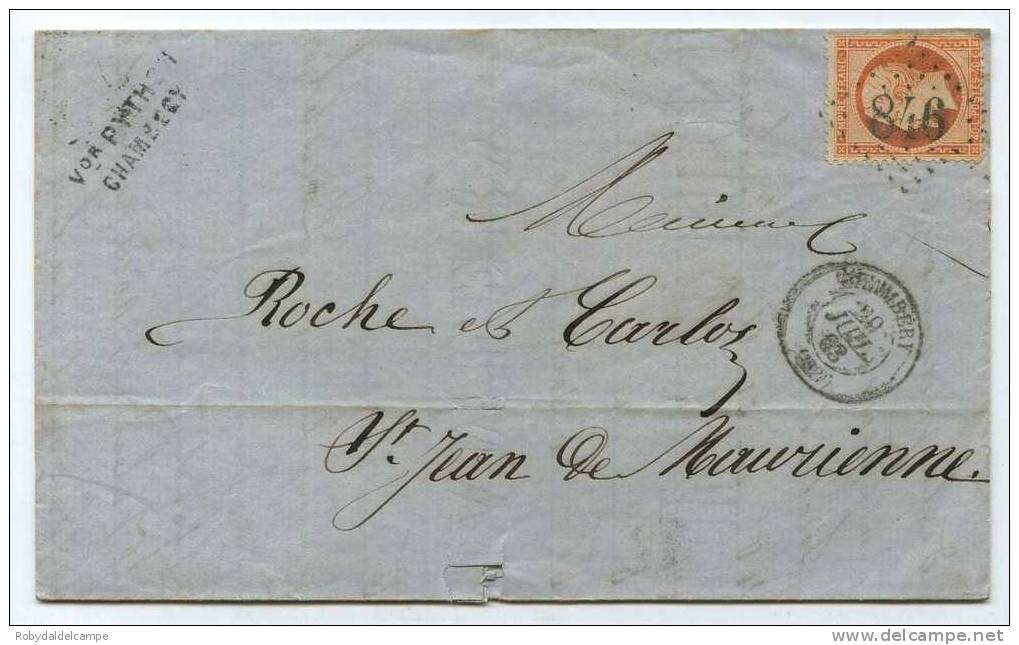 732 - FRANCIA - Yvert & Tellier # 23 Su Lettera - (L) - Chambery (846) - 1862 Napoleon III