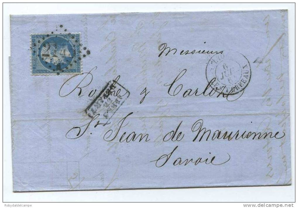 586 - FRANCIA - Yvert & Tellier # 22 Sur Lettre - (L) - Lyon Les Terreaux (2145A) + Riquadrato "APRES LE DEPART" - 1862 Napoleone III